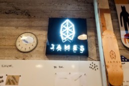 picture of an LED light that says James