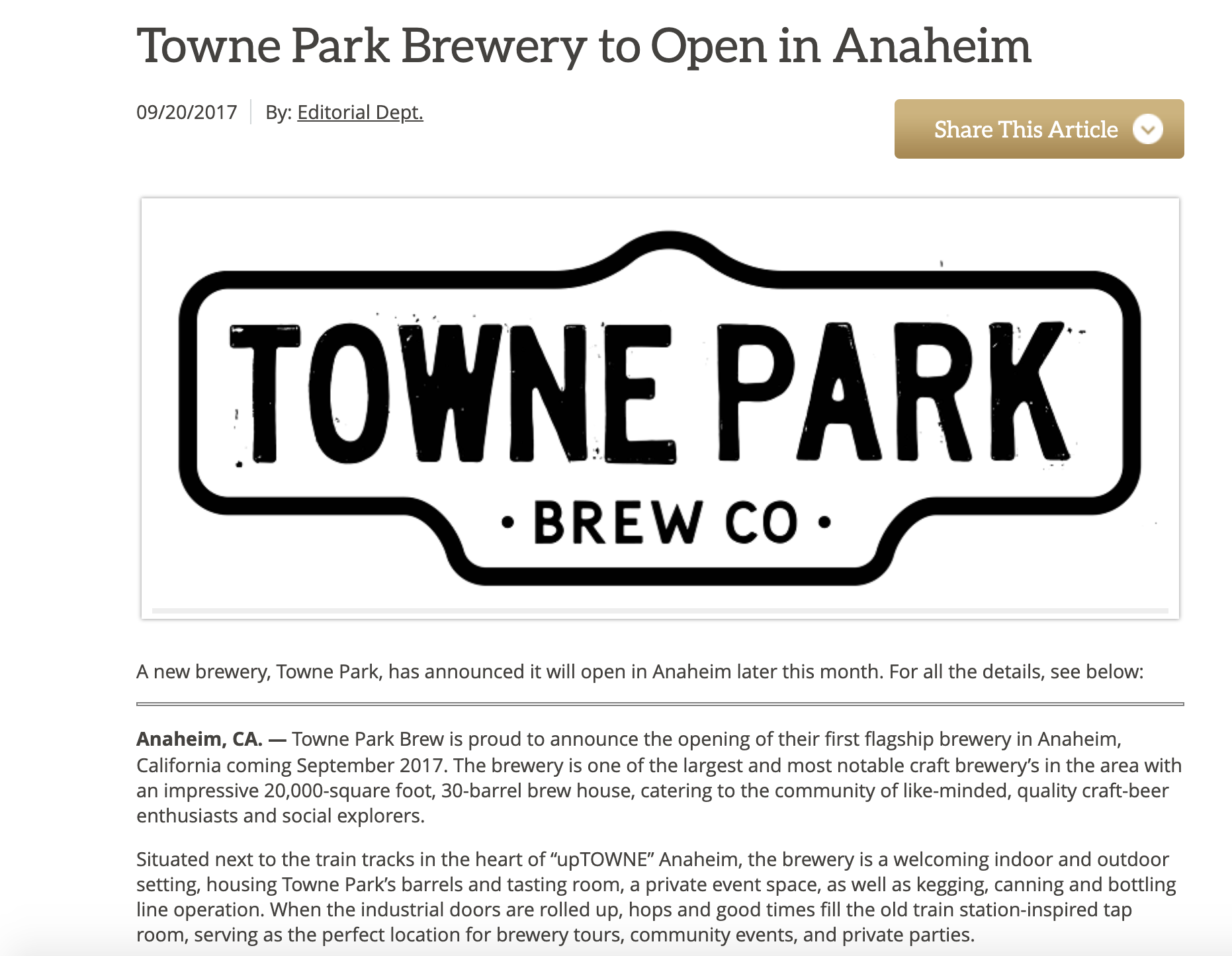 Towne Park brew news about new opening