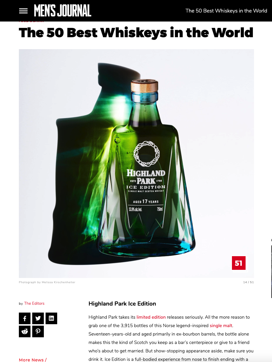 highland park ice edition bottle display in mens journal