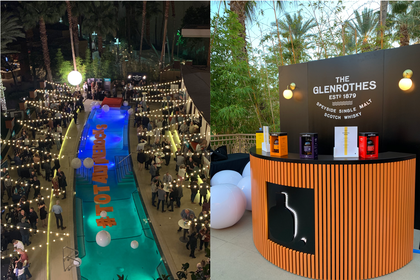 Whiskey on the Rocks pool aerial photograph with orange floating pool letters spelling out #TotalWineRocks (left).The Glenrothes half-moon orange bar with black backdrop and lights (right).